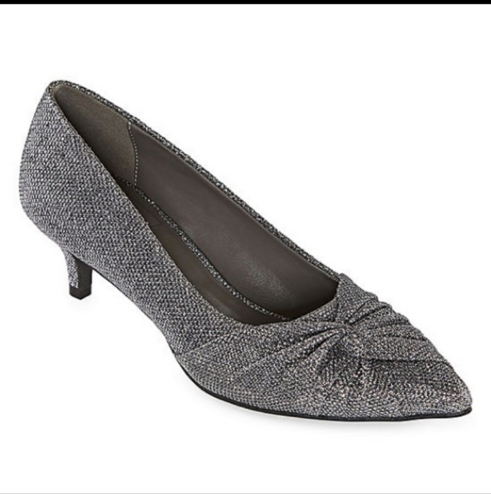 Silver gray Shimmer Kitten Heel twisted knot 2 inch heel 8